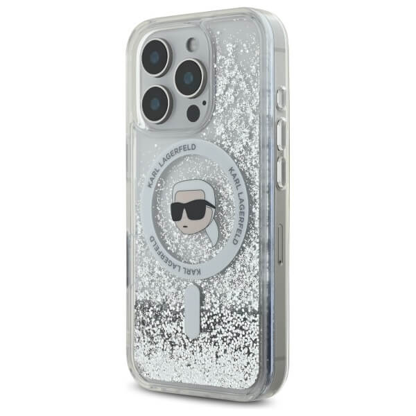 Karl Lagerfeld iPhone 16 Pro Max - Liquid Glitter Karl Head - MagSafe Σκληρή Θήκη με Πλαίσιο Σιλικόνης - Διάφανη - KLHMP16XLGKISGH