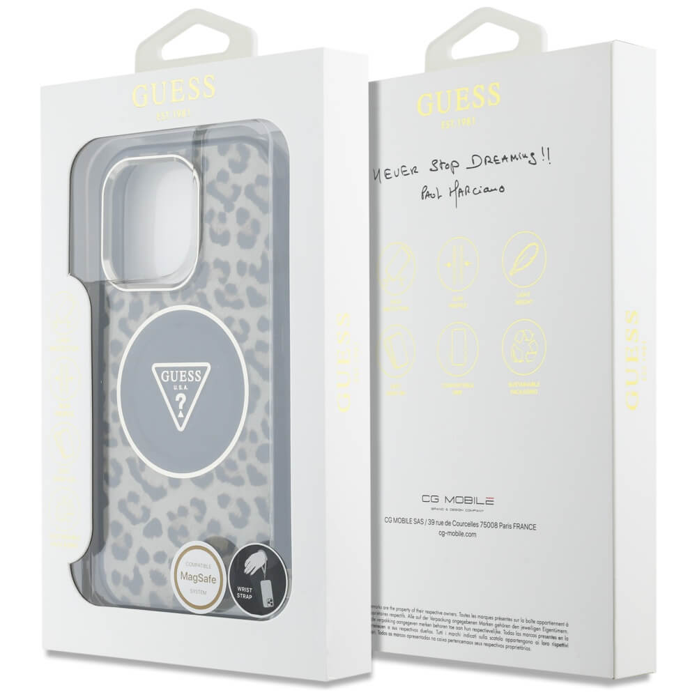 Guess iPhone 16 Pro Max - HC IML Leopard Triangle Cord Strap MagSafe - Σκληρή Θήκη με Πλαίσιο Σιλικόνης και Λουράκι - Brown - GUHMP16XHLORSSW