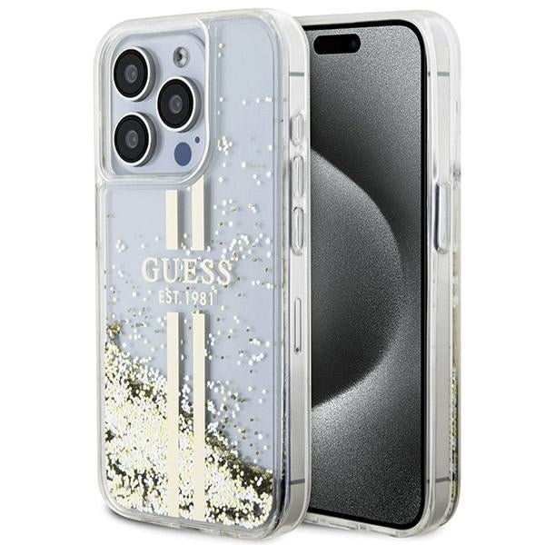 Guess iPhone 15 Pro Max Liquid Glitter Gold Stripes Σκληρή Θήκη με Πλαίσιο Σιλικόνης - Διάφανη - GUHCP15XLFCSEGT
