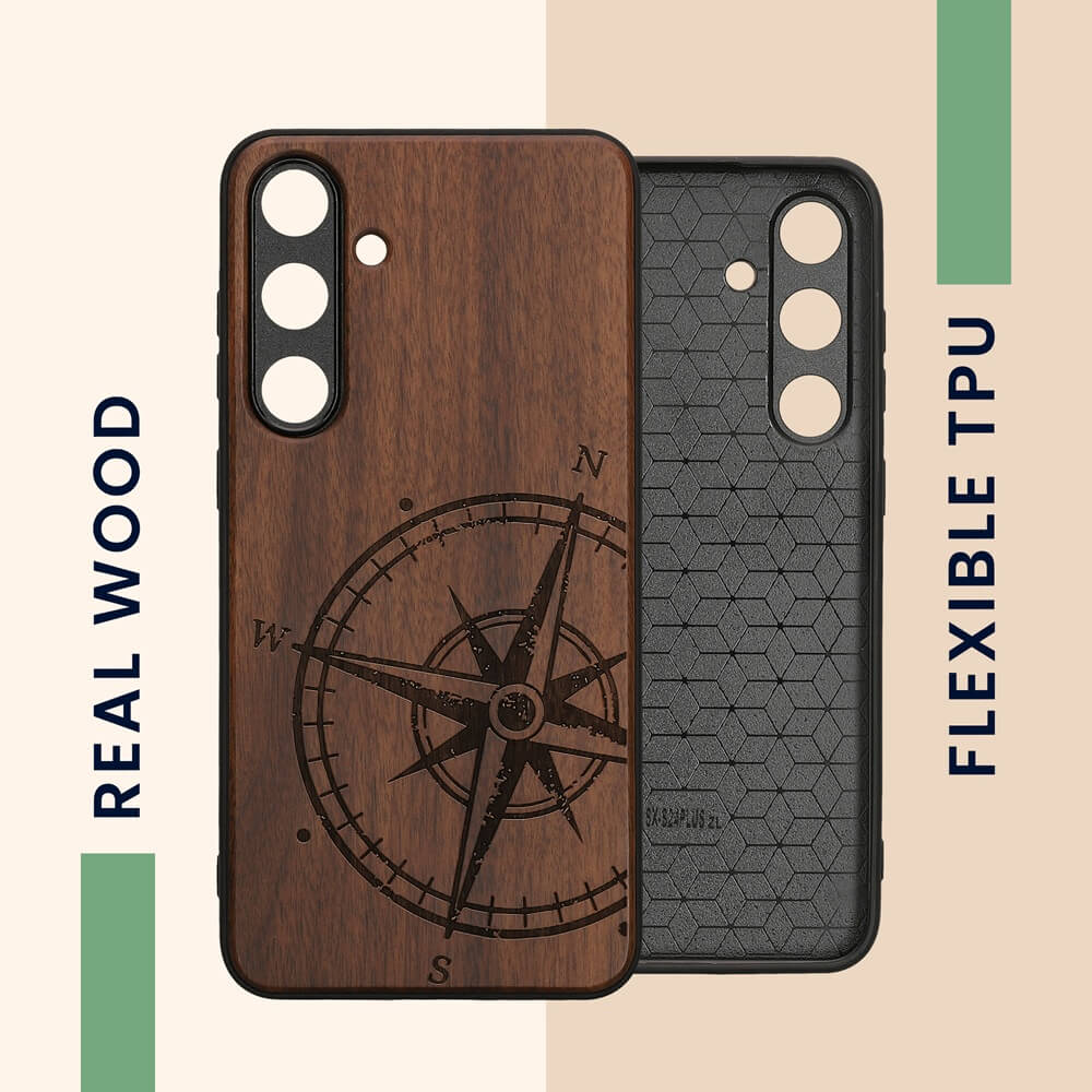 KW Samsung Galaxy S24 Plus Θήκη από Φυσικό Ξύλο - Design Compass Vintage - Dark Brown