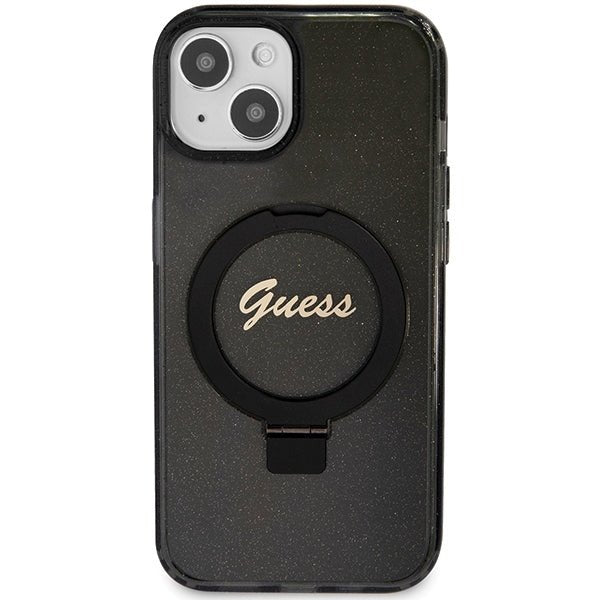 Guess iPhone 15 Ring Stand Script Glitter Magsafe Σκληρή Θήκη με Πλαίσιο Σιλικόνης και MagSafe / Stand - Black - GUHMP15SHRSGSK