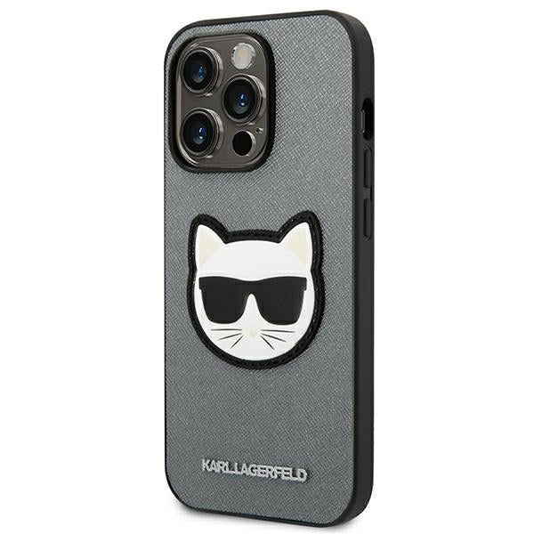 Karl Lagerfeld iPhone 14 Pro Max - Saffiano Choupette Head Patch Σκληρή Θήκη με Επένδυση Συνθετικού Δέρματος και Πλαίσιο Σιλικόνης - Grey - KLHCP14XSAPCHG