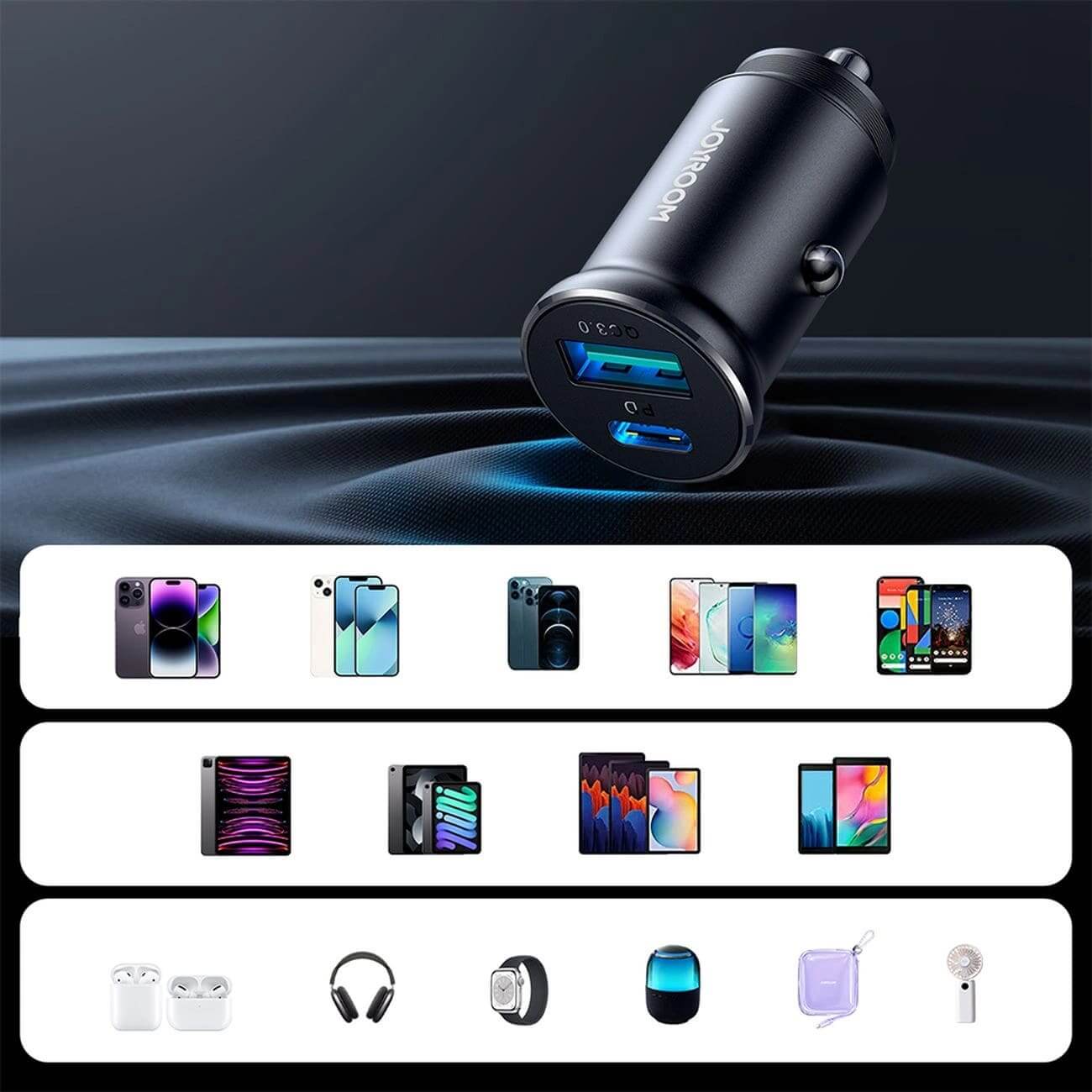 Joyroom Mini Metal Φορτιστής Αυτοκινήτου Γρήγορης Φόρτισης με 1 Θύρα USB και 1 Θύρα Type - C PD 30W QC 3.0 - Black - JR - CCN05