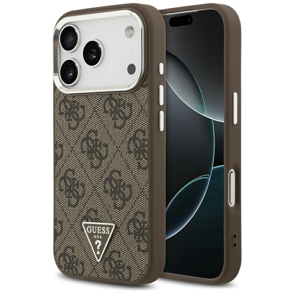 Guess iPhone 17 Pro - 4G Triangle Logo MagSafe - Σκληρή Θήκη με Πλαίσιο Σιλικόνης και Επένδυση Συνθετικού Δέρματος - Brown / Silver - GUHMP17LP4TSRCMW