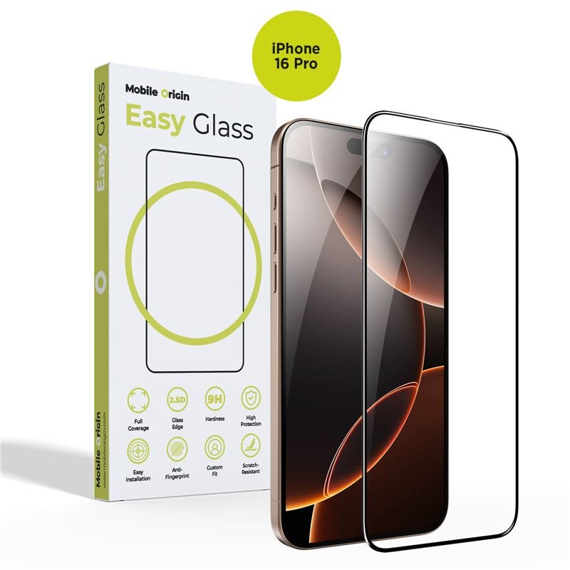 Mobile Origin iPhone 16 Pro EasyGlass Case Friendly 9H Full Screen Full Glue Tempered Glass Αντιχαρακτικό Γυαλί Οθόνης - Black