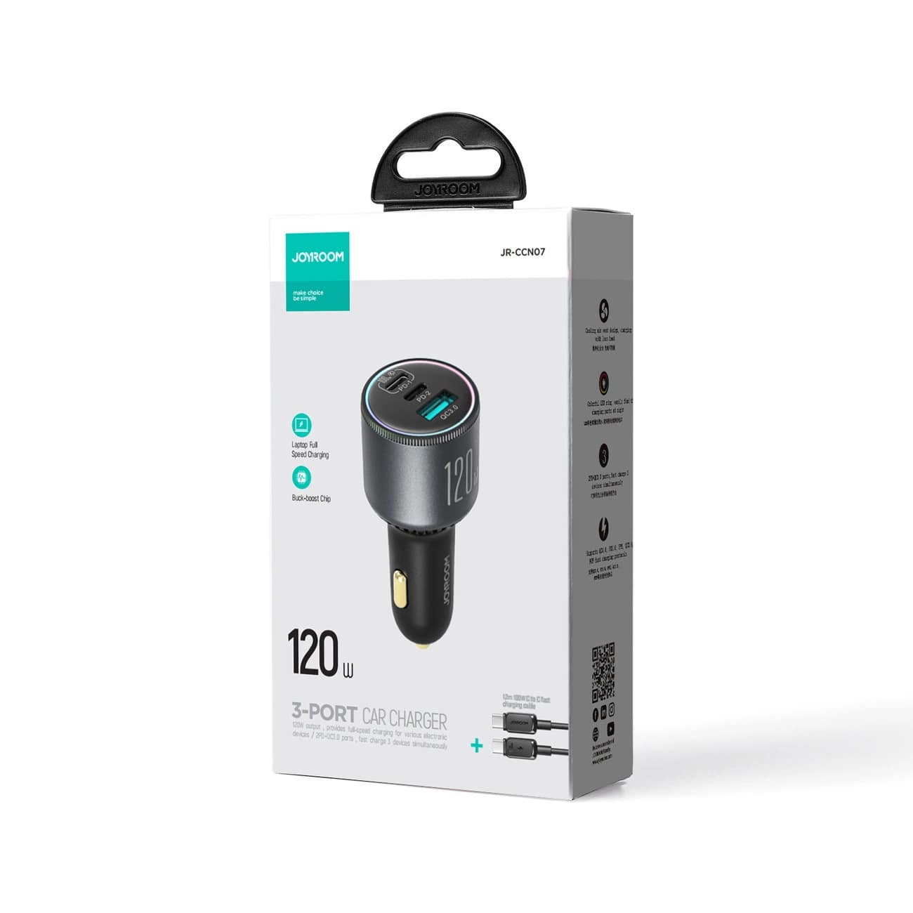 Joyroom JR - CCN07 120W Φορτιστής Αυτοκινήτου Γρήγορης Φόρτισης με 1 Θύρα USB και 2 Θύρες Type - C και Καλώδιο Type - C to Type - C 100W - Dark Grey
