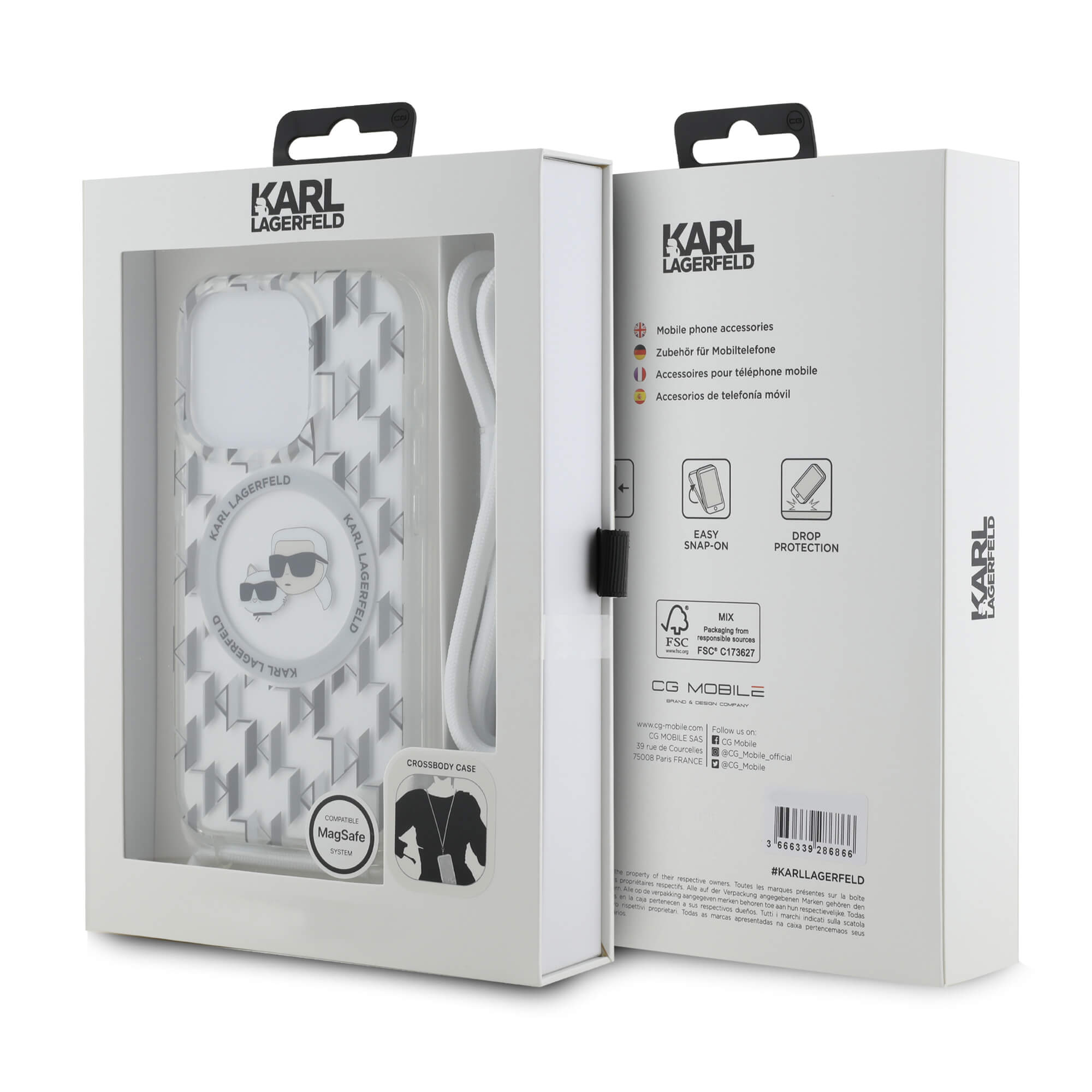 Karl Lagerfeld iPhone 15 Pro Max - IML Crossbody Monogram Karl and Choupette Head - MagSafe Σκληρή Θήκη με Πλαίσιο Σιλικόνης και Λουράκι - Διάφανη - KLHMP15XHCKCKLCT