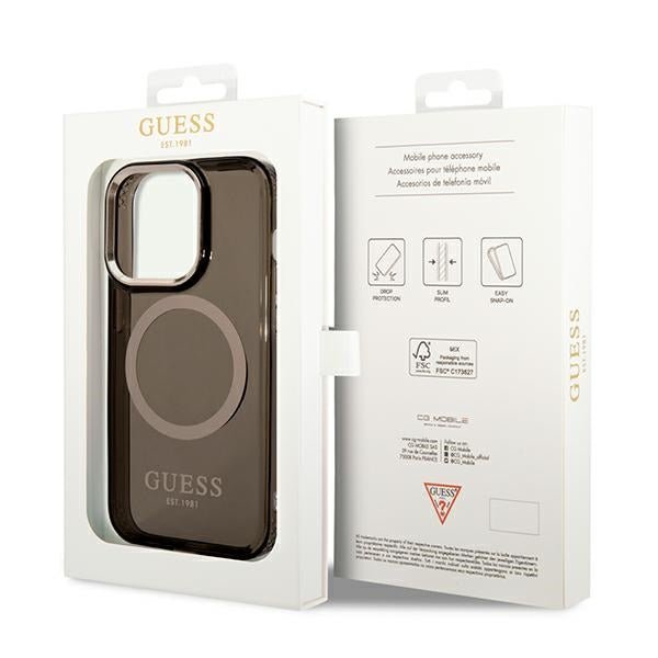 Guess iPhone 14 Pro Max Gold Outline Translucent MagSafe Σκληρή Θήκη με Πλαίσιο Σιλικόνης και MagSafe - Black - GUHMP14XHTCMK