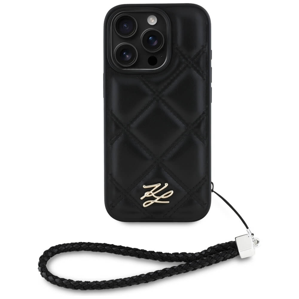 Karl Lagerfeld iPhone 16 Pro - Quilted Initial Logo and Chain Strap - Θήκη με Επένδυση Συνθετικού Δέρματος και Λουράκι - Black - KLHCP16LPSQSKLSMSK