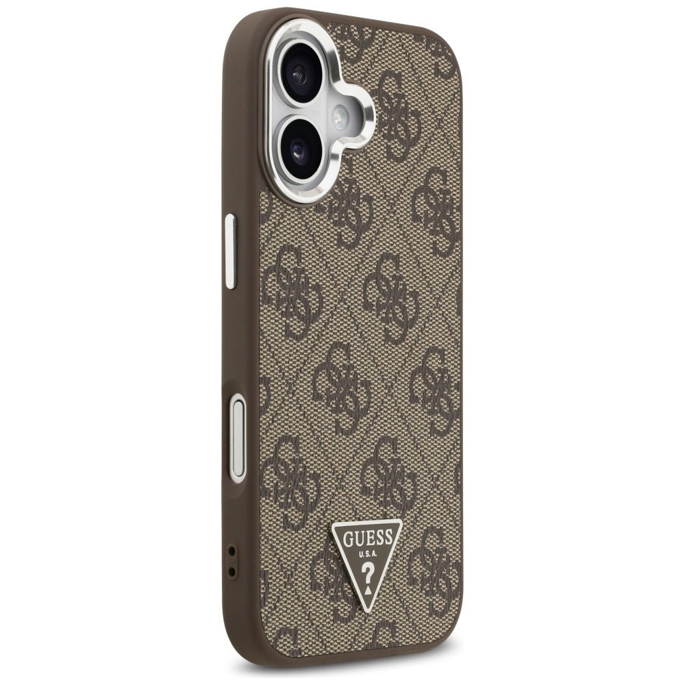 Guess iPhone 17 - 4G Triangle Logo MagSafe - Σκληρή Θήκη με Πλαίσιο Σιλικόνης και Επένδυση Συνθετικού Δέρματος - Brown / Silver - GUHMP17SP4TSRCMW