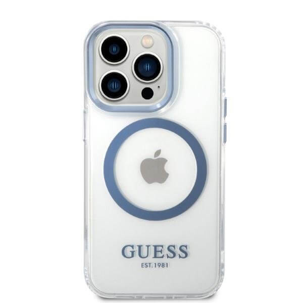 Guess iPhone 14 Pro Max Metal Outline MagSafe Σκληρή Θήκη με Πλαίσιο Σιλικόνης και MagSafe - Blue / Clear - GUHMP14XHTRMB