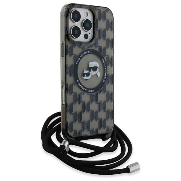 Karl Lagerfeld iPhone 16 Pro Max - IML Crossbody Monogram Karl and Choupette Head - MagSafe Σκληρή Θήκη με Πλαίσιο Σιλικόνης και Λουράκι - Black - KLHMP16XHCKCKLCK