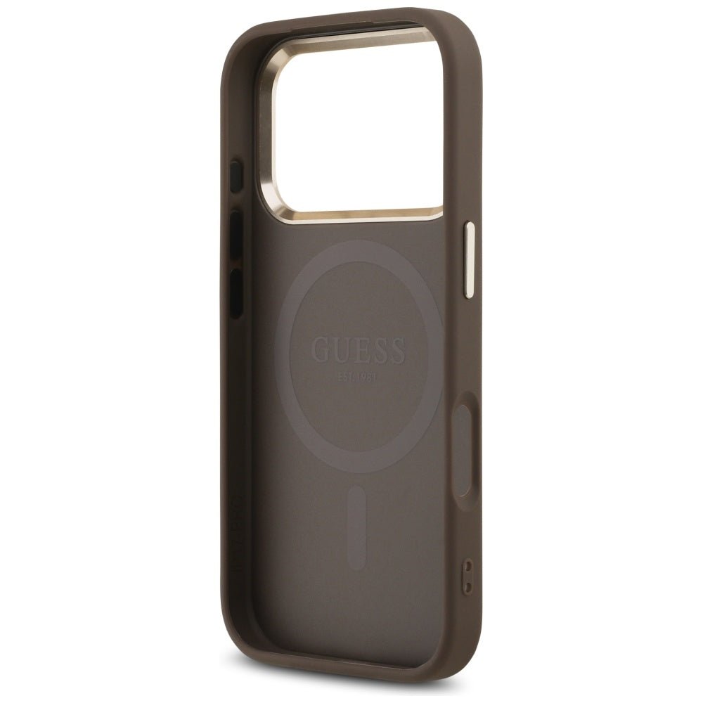 Guess iPhone 17 Pro - 4G Triangle Strass Logo MagSafe - Σκληρή Θήκη με Επένδυση Συνθετικού Δέρματος - Brown / Gold - GUHMP17LP4GTDGMW