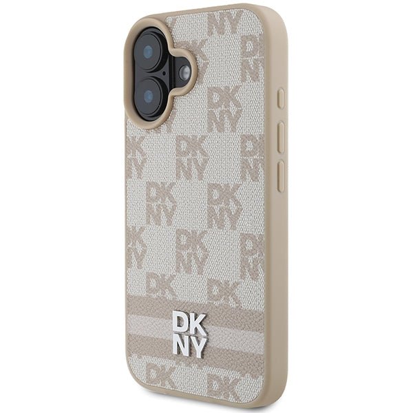 DKNY iPhone 16 - Checkered Pattern and Printed Stripes - Σκληρή Θήκη με Επένδυση Συνθετικού Δέρματος - Pink