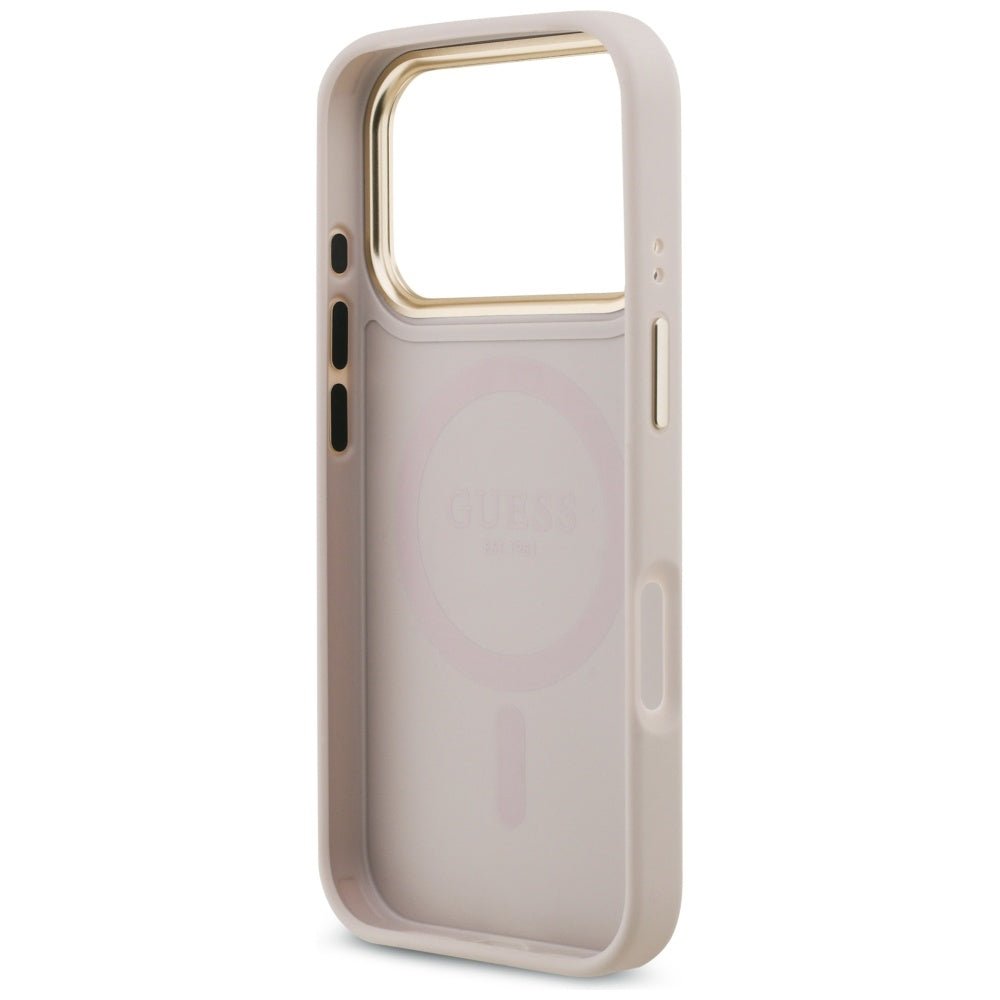 Guess iPhone 17 Pro - 4G Strass Logo and Big Strap Metal Buttons MagSafe - Θήκη με Επένδυση Συνθετικού Δέρματος και Λουράκι - Pink - GUHMP17LP4G4DCSP