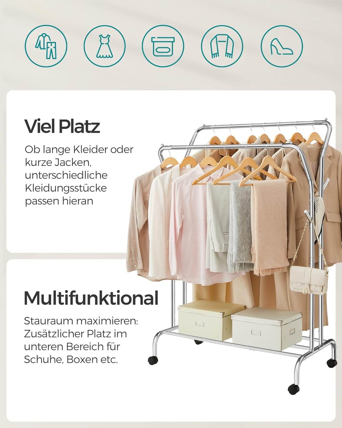 Songmics Τροχήλατη Κρεμάστρα Pούχων με 2 Pάγες και Ράφι - Ράγα Ρούχων - 52.5 x 103.5 x 155 cm - Silver - HSR107E01V2