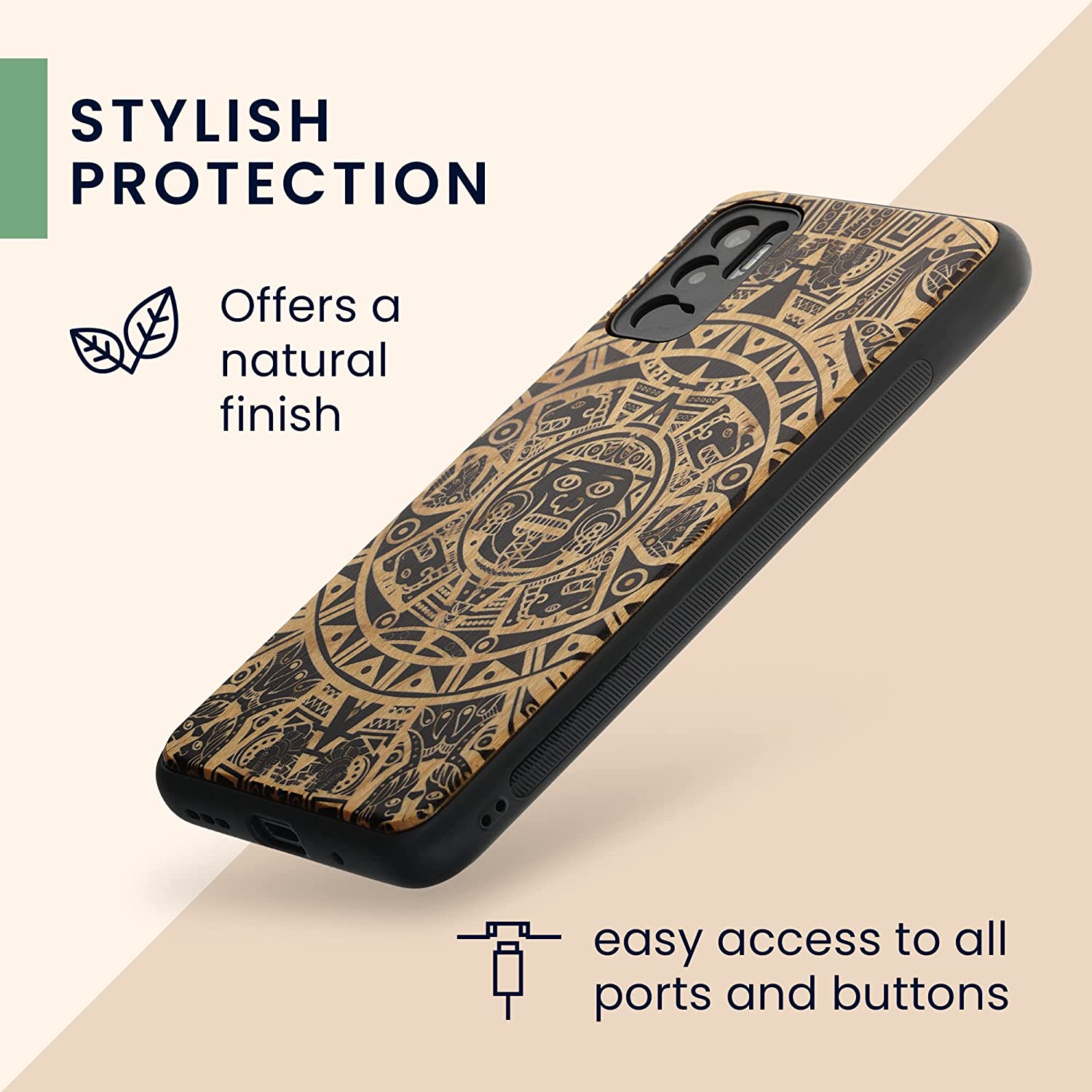 KW Xiaomi Redmi Note 10 5G Θήκη από Φυσικό Ξύλο - Design Mayan Calendar - Light Brown / Black - 56792.03