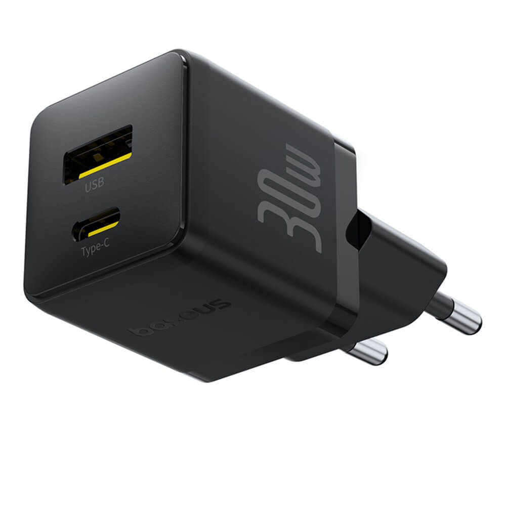 Baseus Palm Οικιακός Φορτιστής Γρήγορης Φόρτισης 30W με 1 Θύρα Type - C και 1 Θύρα USB - Cluster Black