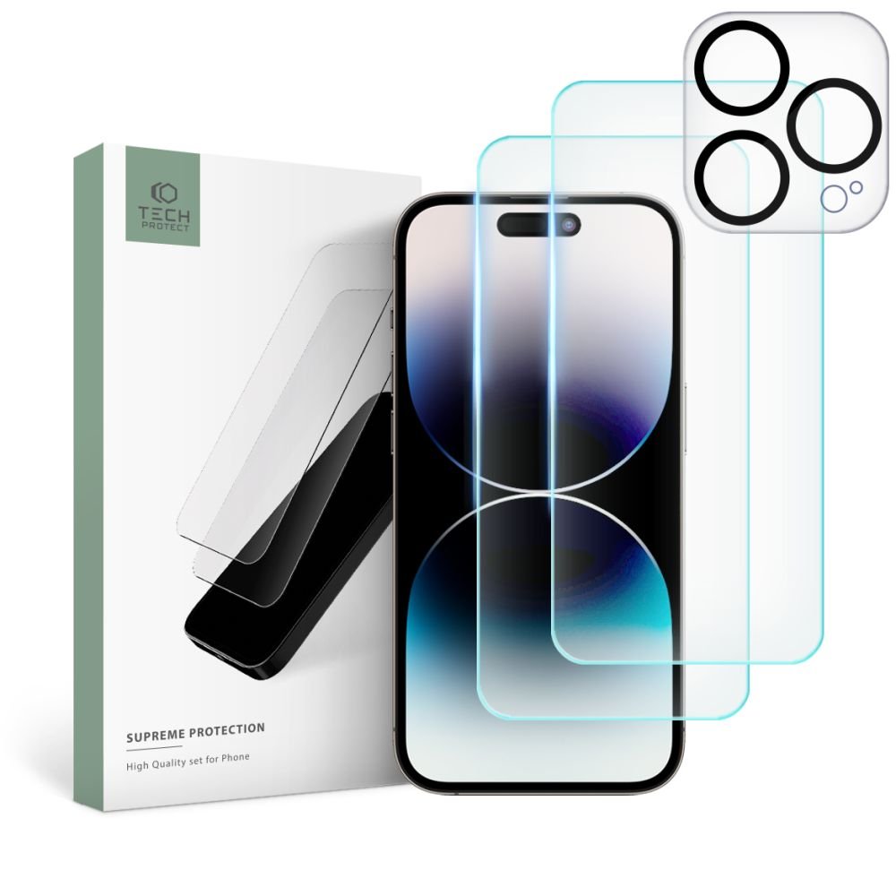Tech - Protect iPhone 15 Pro Supreme Set - Σετ με 2 Tempered Glass Αντιχαρακτικά Γυαλιά Οθόνης και 1 Αντιχαρακτικό Γυαλί για την Κάμερα - Διάφανα