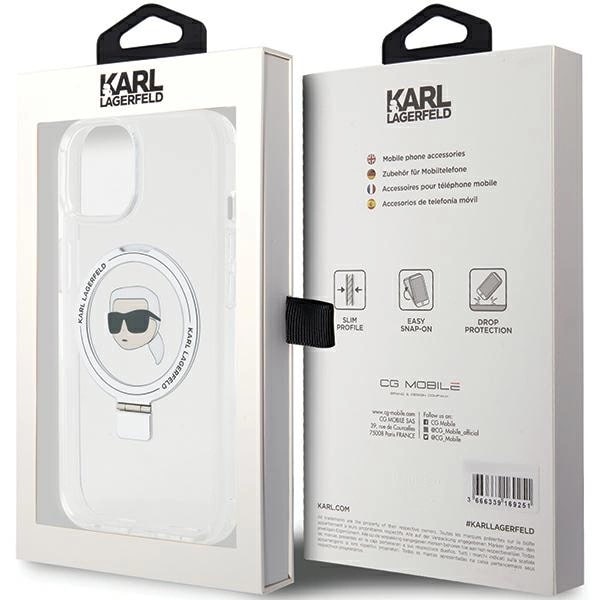 Karl Lagerfeld iPhone 15 Ring Stand Karl Head MagSafe Σκληρή Θήκη με Πλαίσιο Σιλικόνης και MagSafe - Διάφανη / Silver - KLHMP15SHMRSKHH