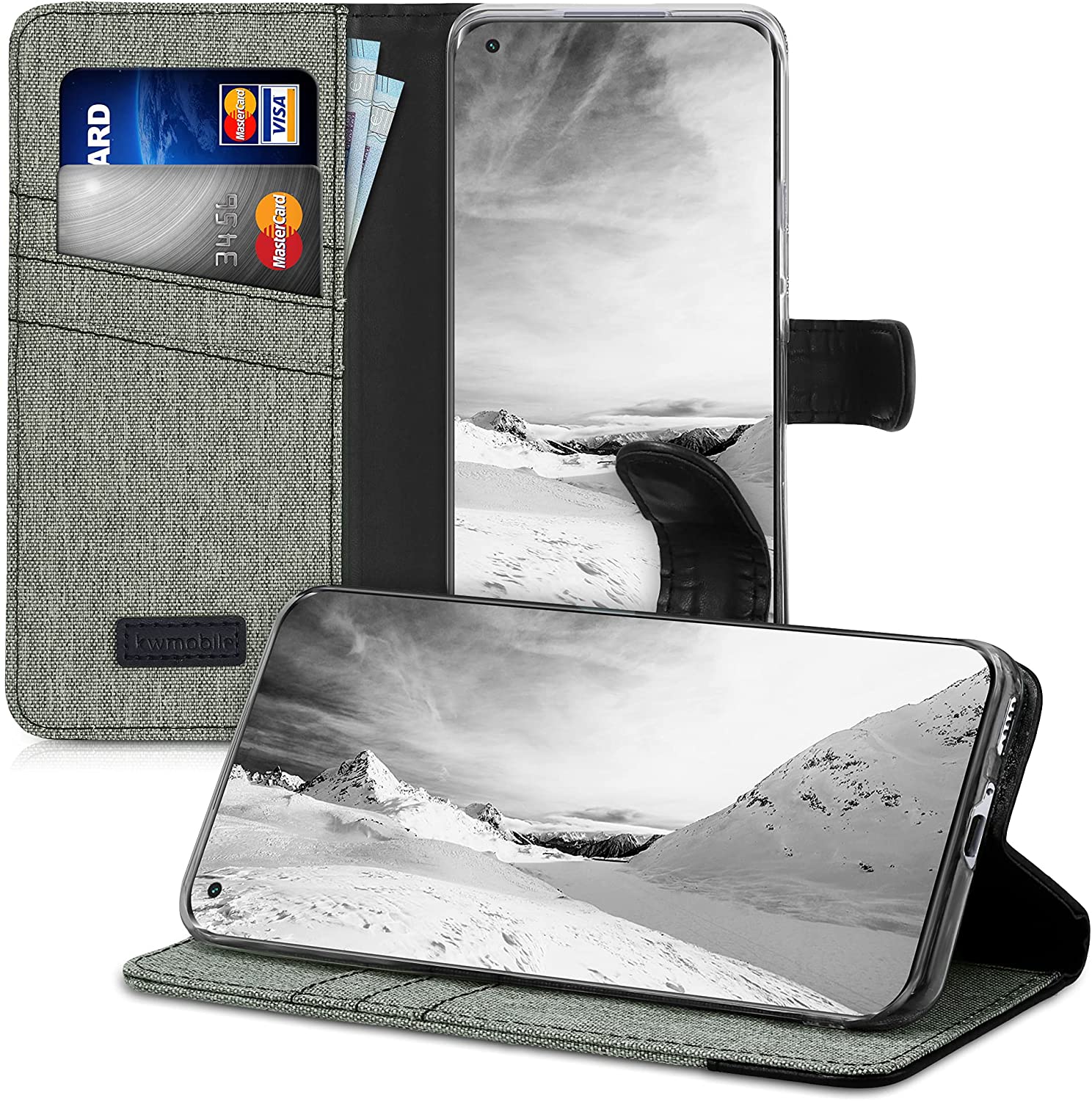 KW Xiaomi Mi 11 Θήκη Πορτοφόλι Stand Canvas - Grey / Black - 54661.22