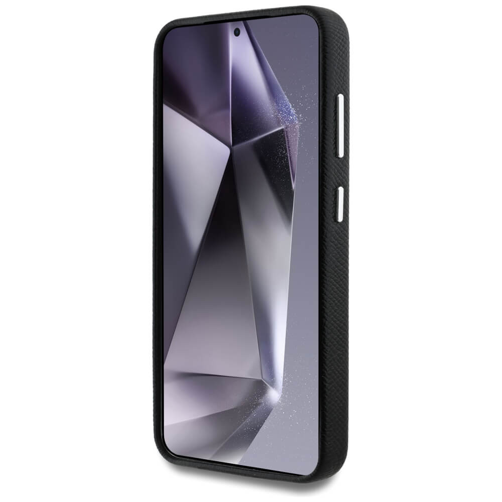 Guess Samsung Galaxy S25 - Grained Triangle Logo - MagSafe Σκληρή Θήκη με Πλαίσιο Σιλικόνης και Συνθετικό Δέρμα - Black - GUHMS25SPGTSPSK