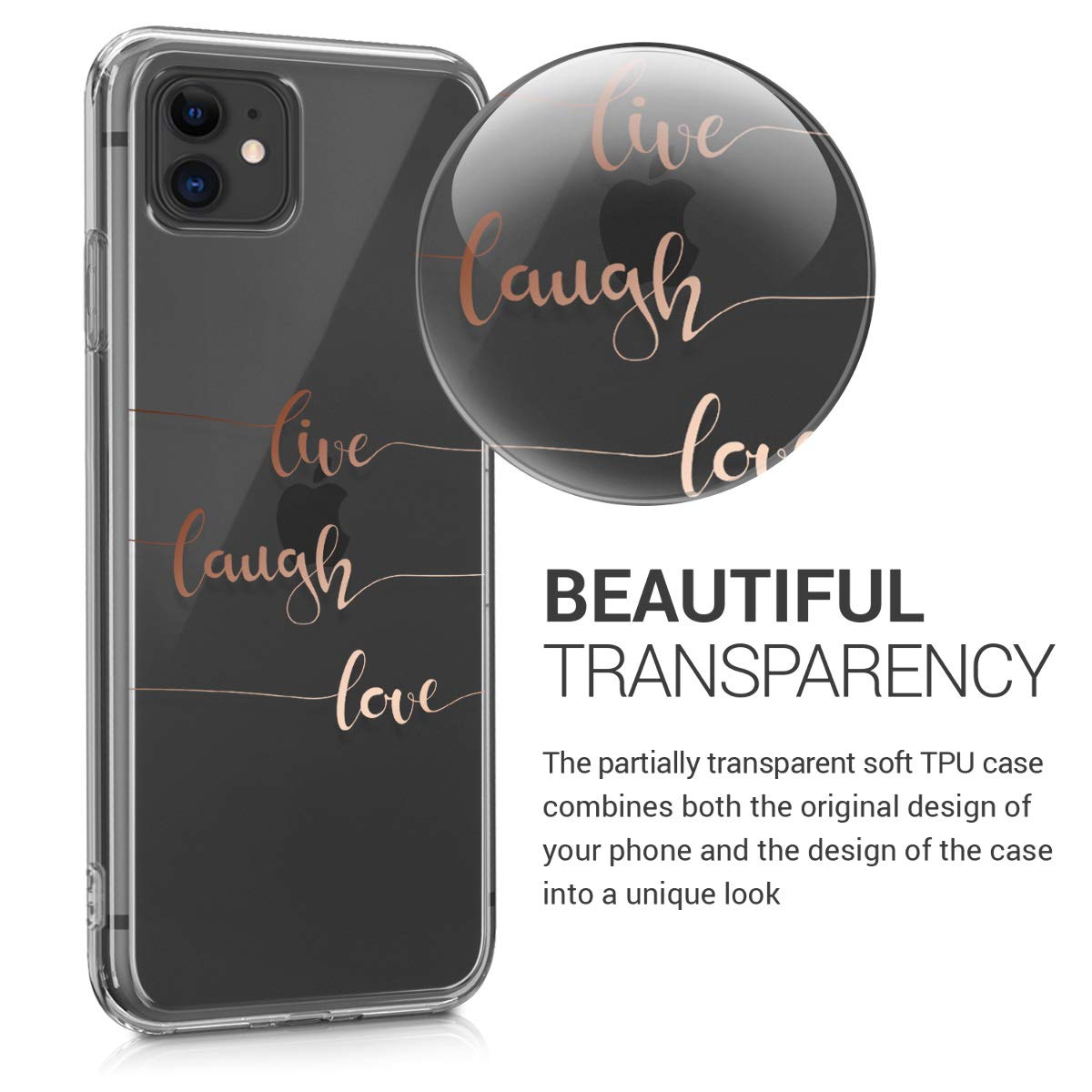 KW iPhone 11 Θήκη Σιλικόνης TPU Design Live / Laugh / Love - Διάφανη / Rose Gold - 49785.18