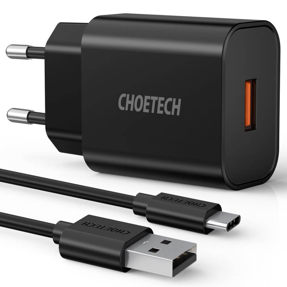 Choetech Οικιακός Φορτιστής Γρήγορης Φόρτισης 18W 3A με 1 Θύρα USB και Καλώδιο USB to Type - C - Black - Q5003