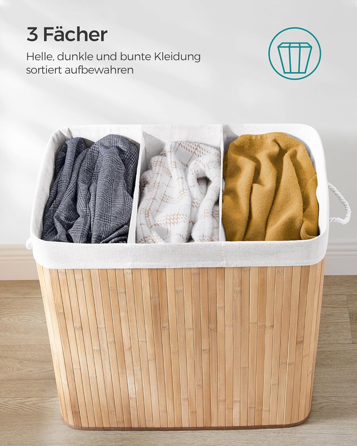 Songmics Καλάθι Απλύτων από Μπαμπού με 3 Διαμερίσματα - 150L - Natural - LCB091N01