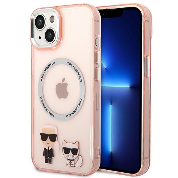 Karl Lagerfeld iPhone 14 Plus - Karl and Choupette Aluminium Magsafe Σκληρή Θήκη με Πλαίσιο Σιλικόνης και MagSafe - Pink - KLHMP14MHKCP