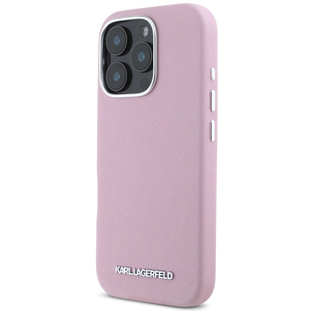 Karl Lagerfeld iPhone 16 Pro Max - Saffiano Full Wrapped Elongated Metal Logo - MagSafe Σκληρή Θήκη με Επένδυση Συνθετικού Δέρματος και Πλαίσιο Σιλικόνης - Pink - KLHMP16XPSAFWMCP