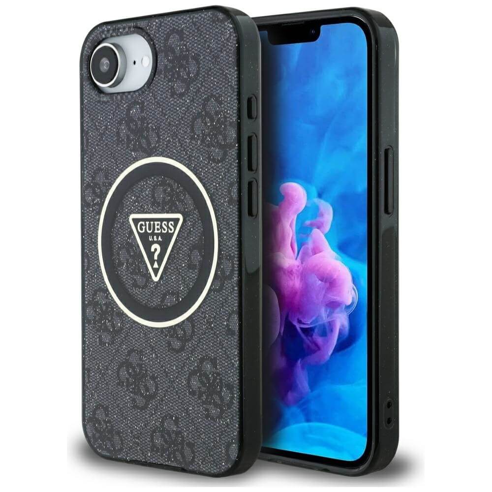Guess iPhone 16e - IML Metal Glitter 4G Circle Triangle MagSafe - Σκληρή Θήκη με Πλαίσιο Σιλικόνης και MagSafe - Black - GUHMPSE4HG4PRTGK