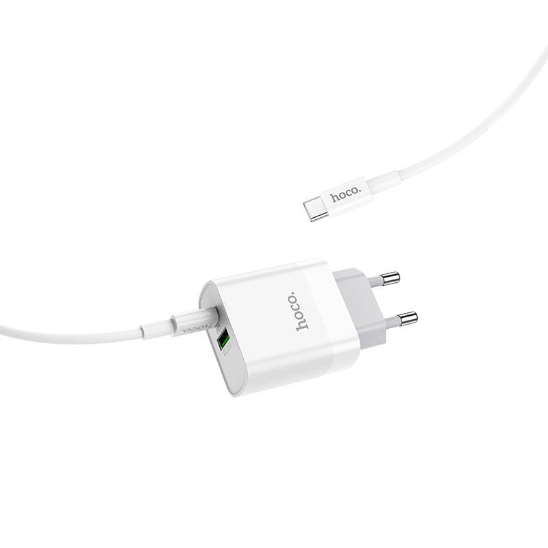 Hoco C80A QC 3.0 PD 20W Οικιακός Φορτιστής Γρήγορης Φόρτισης USB και Type - C με Καλώδιο Type - C to Type - C - White