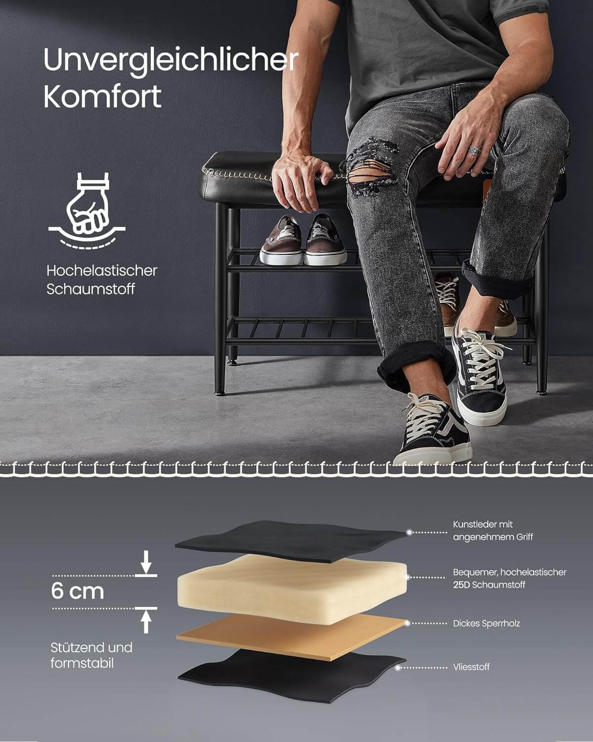 Vasagle EKHO Πάγκος / Σκαμπό με Κάθισμα από Συνθετικό δέρμα και 2 Ράφια - 30 x 80 x 50 cm - Ink Black - LSB054BH01