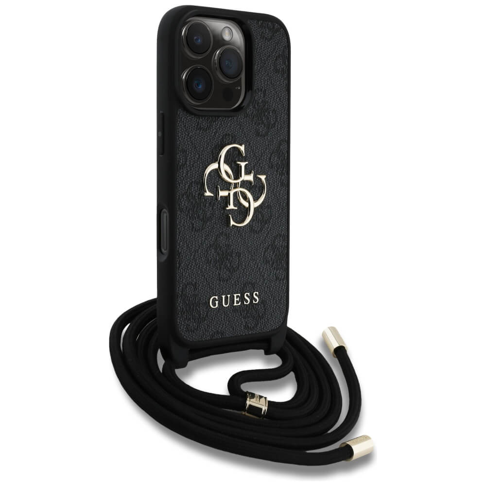 Guess iPhone 16 Pro Max - 4G Big Logo Cord Stap Crossbody - Θήκη με Επένδυση Συνθετικού Δέρματος και Λουράκι - Black - GUHCP16XP4GMGCRK