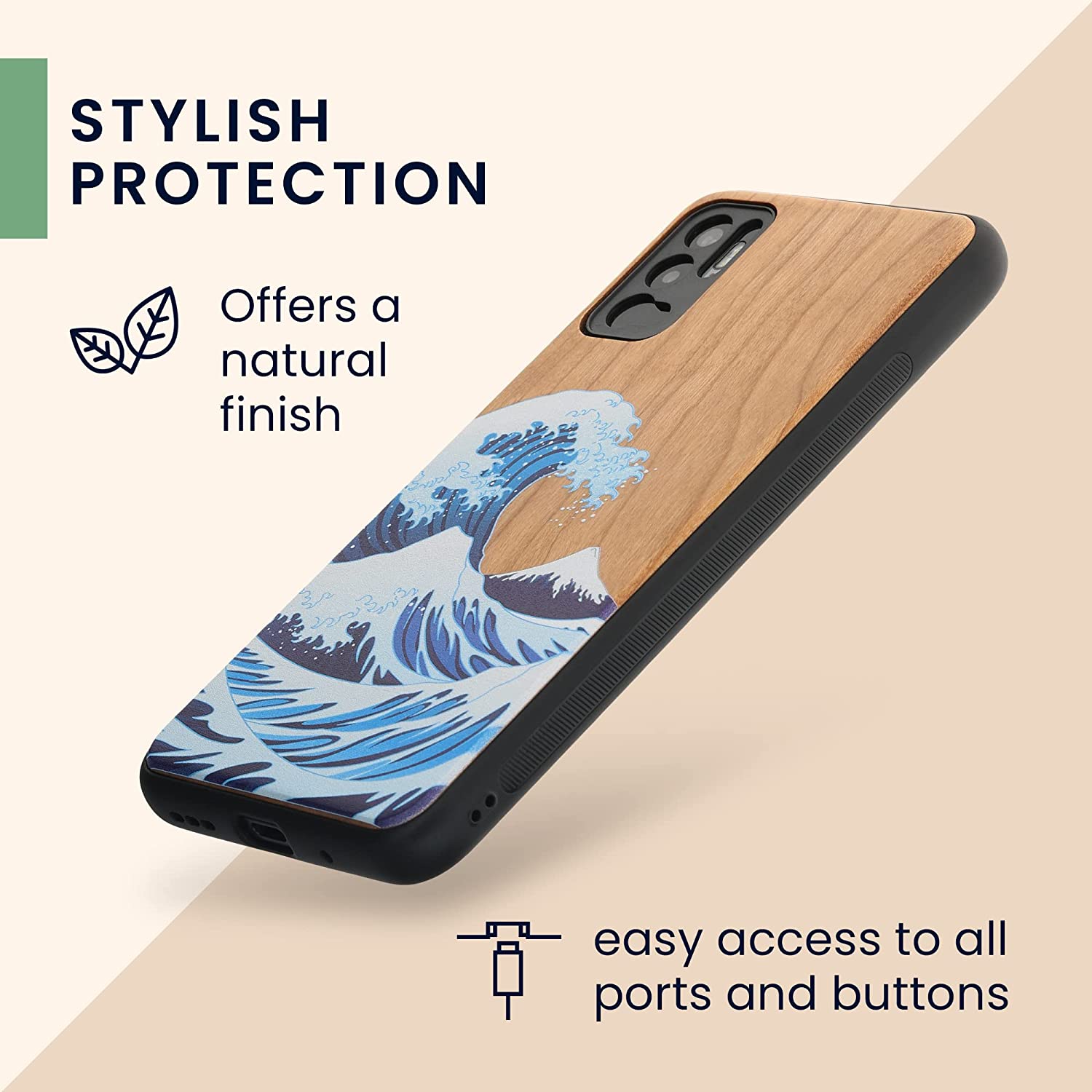 KW Xiaomi Redmi Note 10 5G Θήκη από Φυσικό Ξύλο - Design The Great Wave - Blue / White / Brown - 56792.04