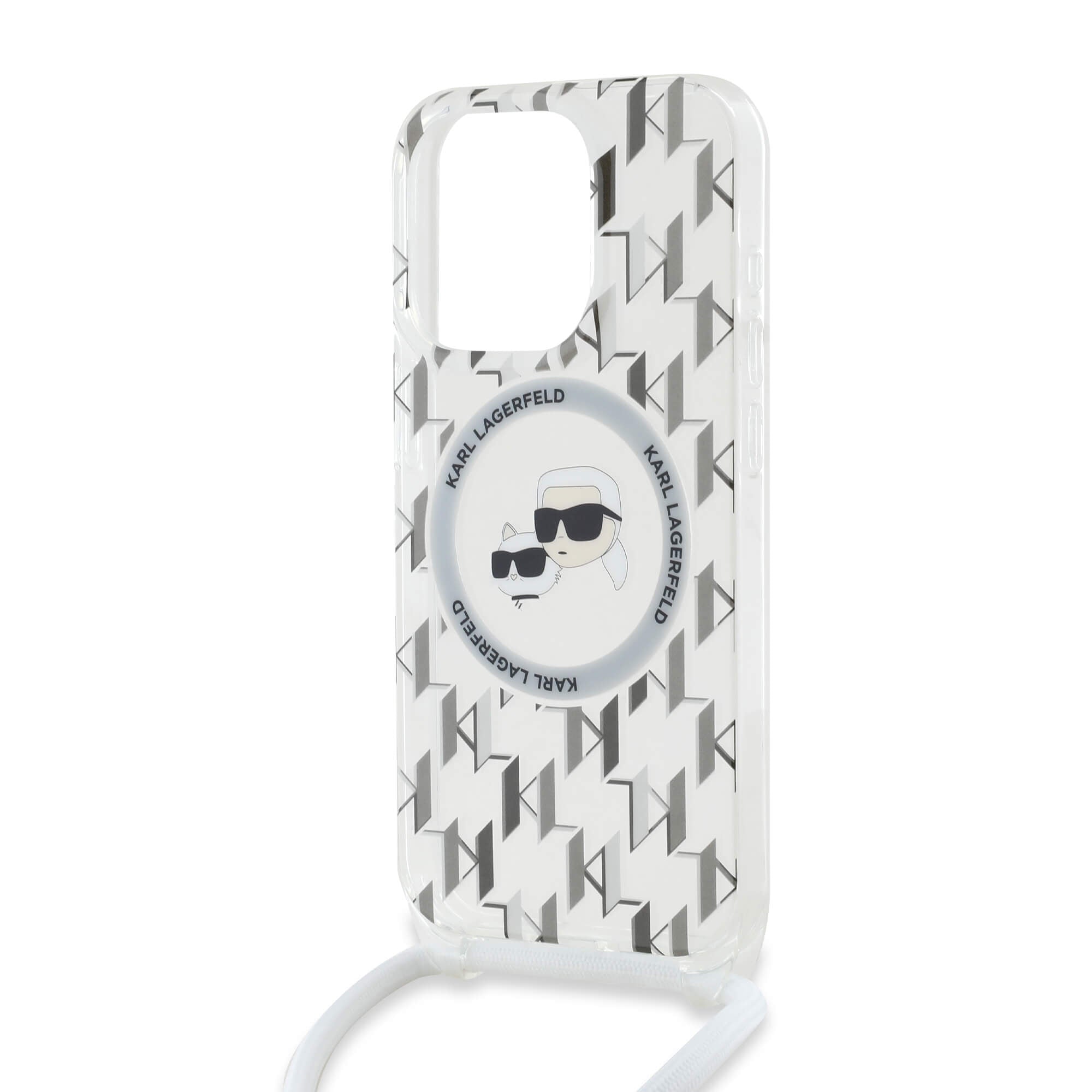 Karl Lagerfeld iPhone 15 Pro Max - IML Crossbody Monogram Karl and Choupette Head - MagSafe Σκληρή Θήκη με Πλαίσιο Σιλικόνης και Λουράκι - Διάφανη - KLHMP15XHCKCKLCT