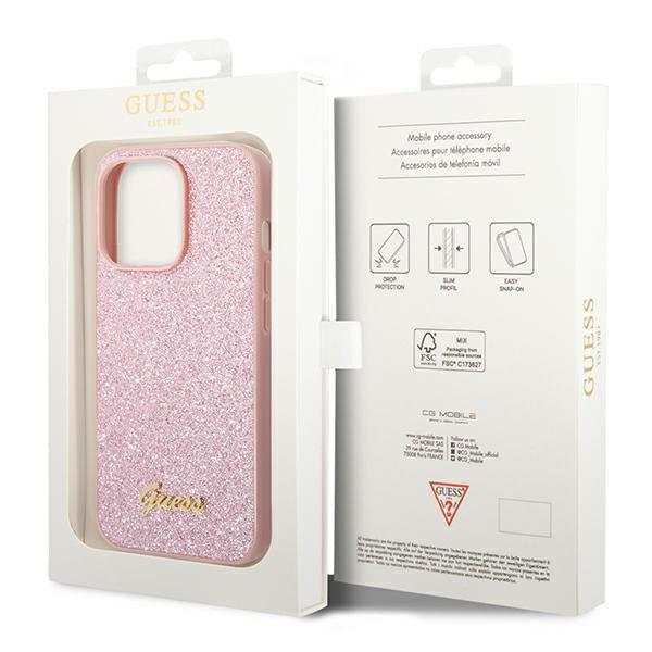 Guess iPhone 14 Pro Max Glitter Script Σκληρή Θήκη με Πλαίσιο Σιλικόνης - Pink - GUHCP14XHGGSHP