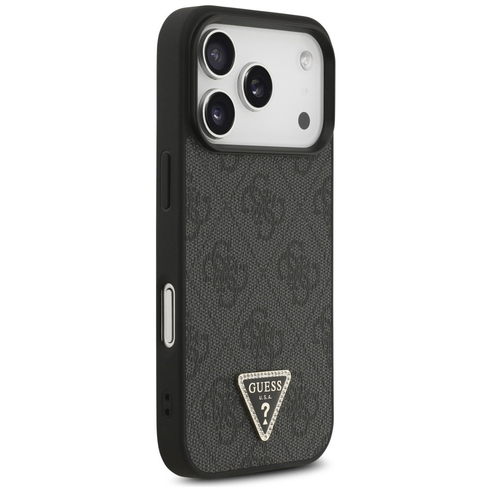 Guess iPhone 17 Pro - 4G Triangle Strass MagSafe - Σκληρή Θήκη με Επένδυση Συνθετικού Δέρματος - Black - GUHMP17LP4TDPLK