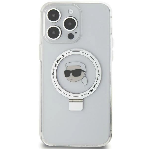 Karl Lagerfeld iPhone 15 Pro Max Ring Stand Karl Head MagSafe Σκληρή Θήκη με Πλαίσιο Σιλικόνης και MagSafe - Διάφανη / Silver - KLHMP15XHMRSKHH