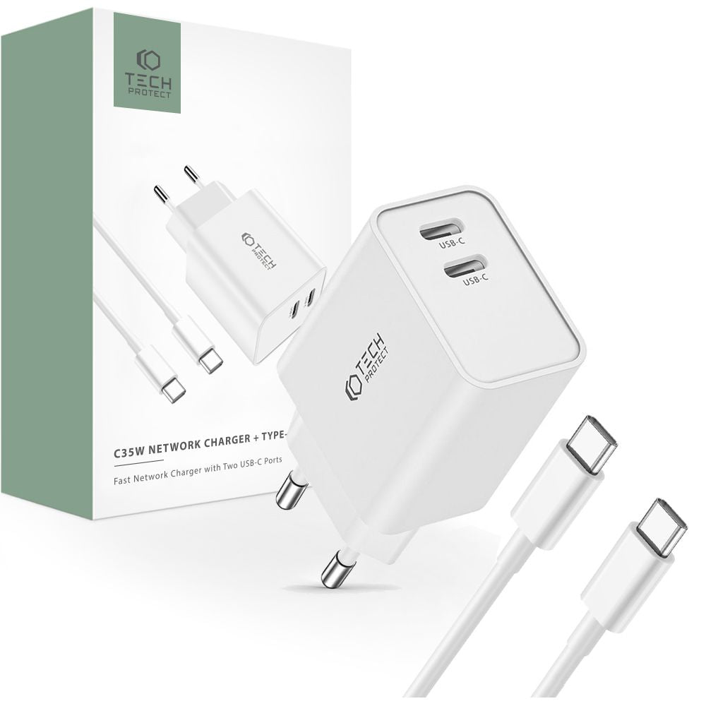 Tech - Protect C35W Οικιακός Φορτιστής Γρήγορης Φόρτισης με 2 Θύρες Type C PD 35W και Καλώδιο Type - C to Type - C - White