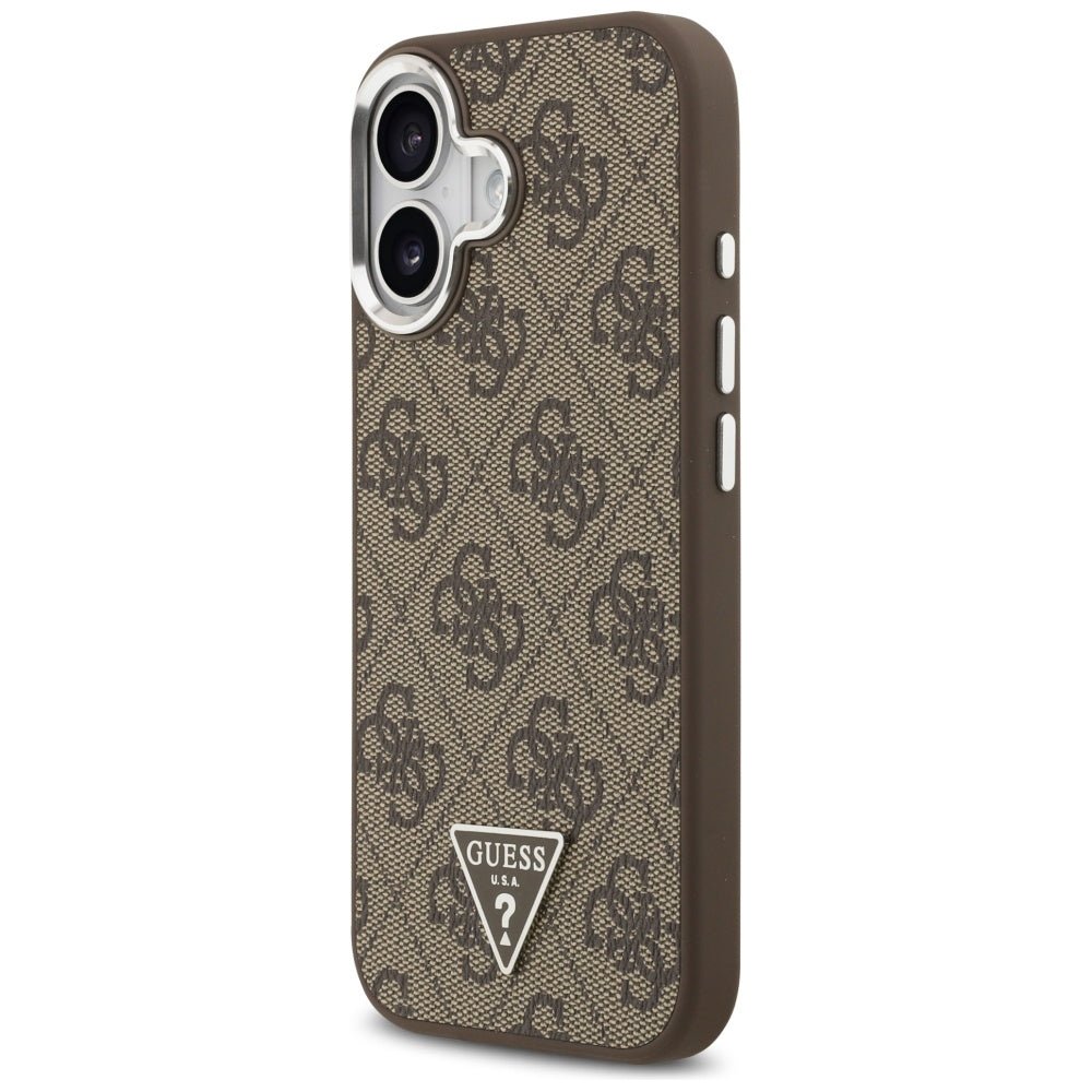 Guess iPhone 17 - 4G Triangle Logo MagSafe - Σκληρή Θήκη με Πλαίσιο Σιλικόνης και Επένδυση Συνθετικού Δέρματος - Brown / Silver - GUHMP17SP4TSRCMW