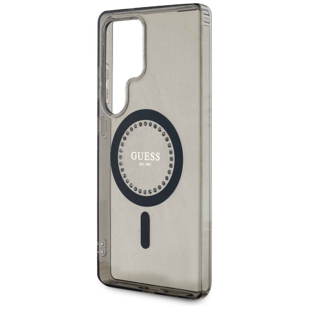 Guess Samsung Galaxy S25 Ultra - Rhinestones Printed Classic Logo - MagSafe Σκληρή Θήκη με Πλαίσιο Σιλικόνης - Black - GUHMS25LPFTDTEK