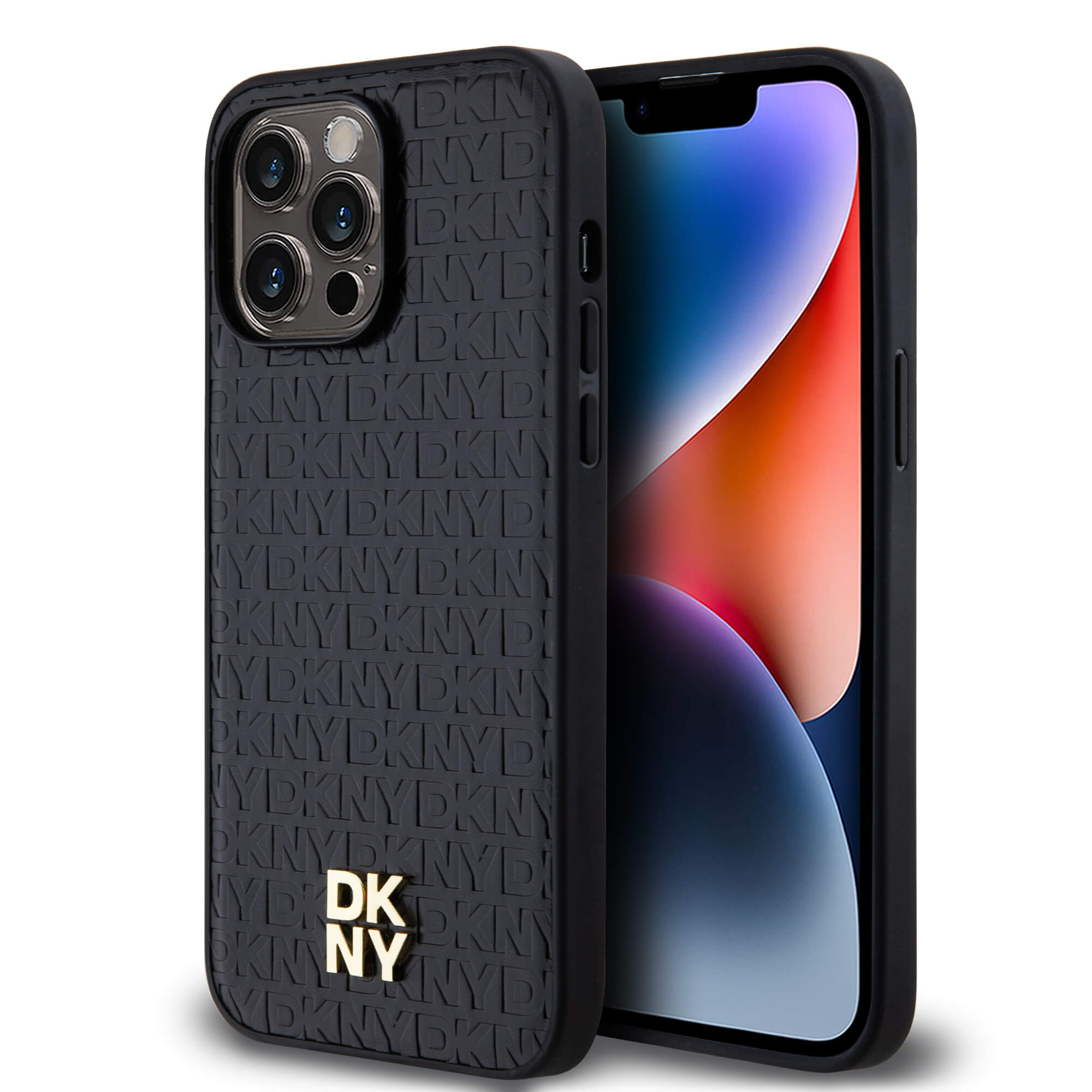 DKNY iPhone 15 Pro Max - Leather Monogram Pattern Metal Logo MagSafe Σκληρή Θήκη με Επένδυση Συνθετικού Δέρματος - Black