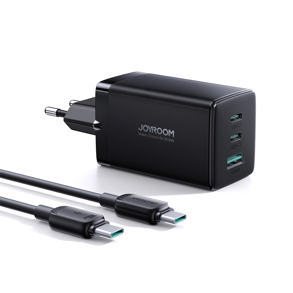 JOYROOM JR - TCG01 GAN 65W Οικιακός Φορτιστής Γρήγορης Φόρτισης με 2 Θύρες Type - C και 1 Θύρα USB και Καλώδιο Type - C to Type - C 100W - Black