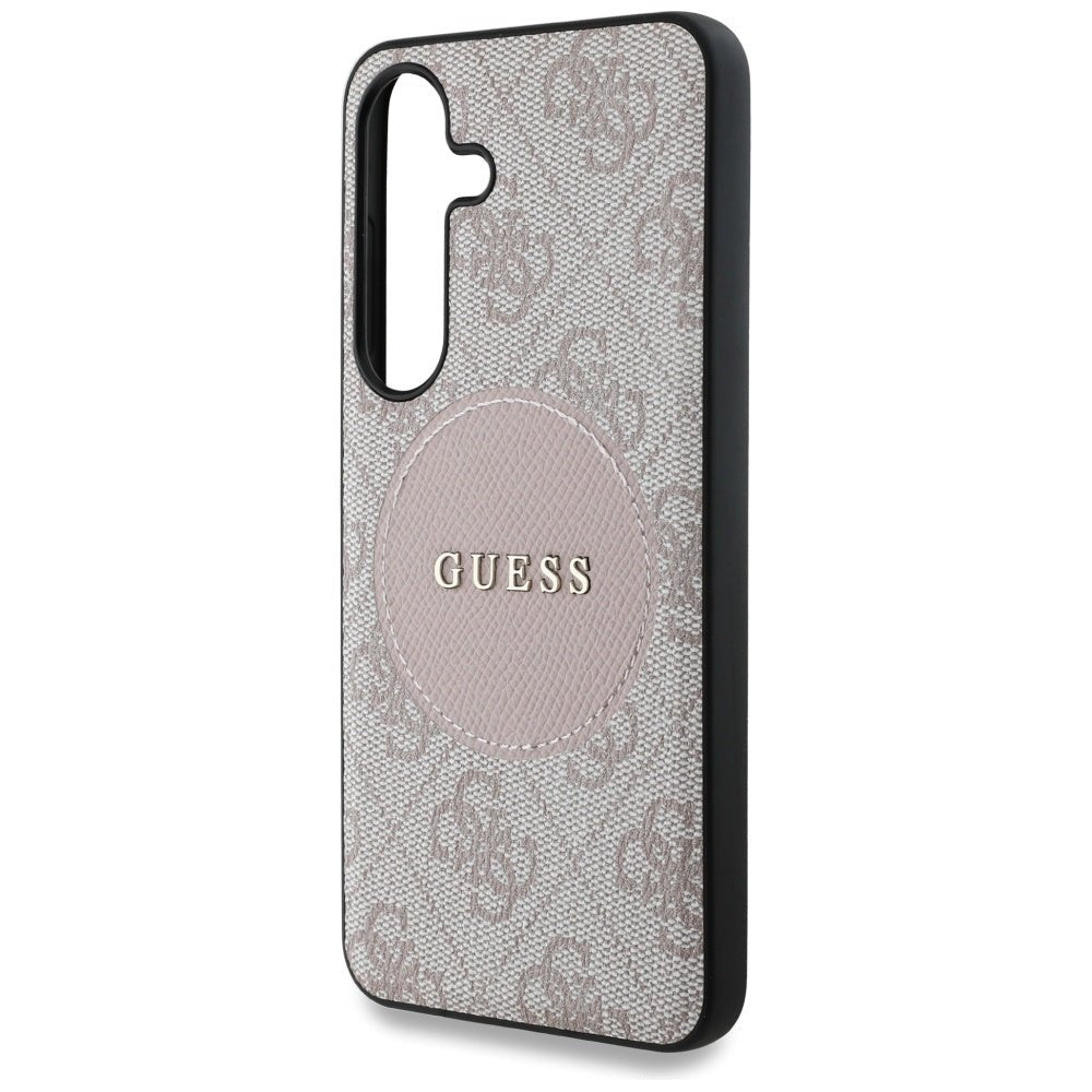 Guess Samsung Galaxy S25 - 4G Round Patch Classic Logo - Θήκη με Επένδυση Συνθετικού Δέρματος και MagSafe - Pink - GUHMS25SP4PGRSGP