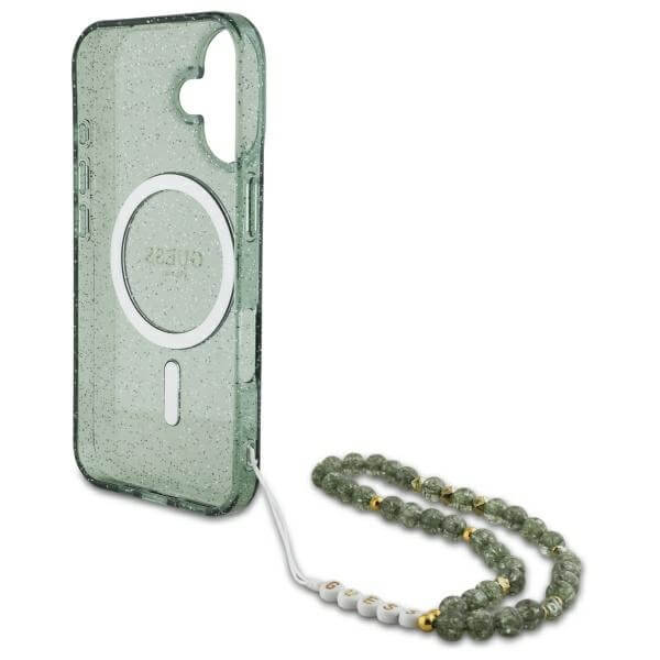 Guess iPhone 16 - IML Glitter With Pearl Strap MagSafe - Σκληρή Θήκη με Πλαίσιο Σιλικόνης και Λουράκι - Green - GUHMP16SHGCRELSA