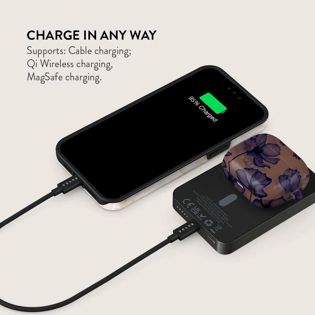Burga Μαγνητικό Ασύρματο MagSafe PowerBank 5000mAh με Καλώδιο Type - C to Type - C - Gunmetal - Velvet Night