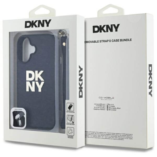 DKNY iPhone 16 - Wrist Strap Stock Logo - Σκληρή Θήκη με Επένδυση Συνθετικού Δέρματος με Λουράκι - Black