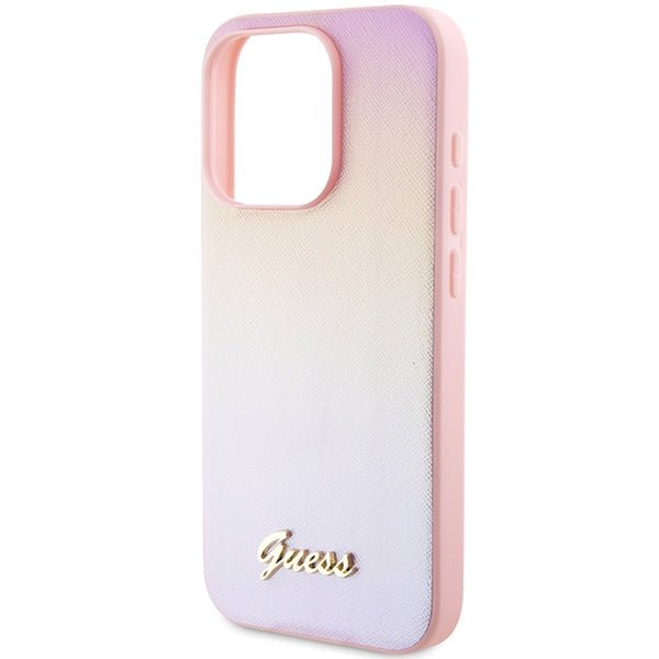 Guess iPhone 15 Pro Saffiano Iridescent Script Σκληρή Θήκη με Επένδυση Συνθετικού Δέρματος και Πλαίσιο Σιλικόνης - Pink - GUHCP15LPSAIRSP